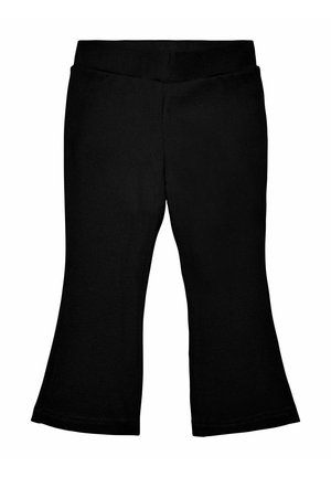 Leggings de campana negros hechos de una tela suave y elástica. Presentan una cinturilla elástica. El diseño es simple, sin patrones o acentos adicionales.