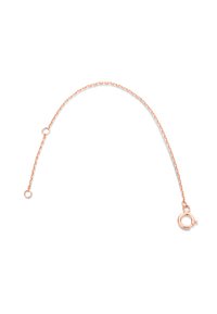Rose gold chain bracelet with a clasp, featuring small, round links and two attachment rings. Smooth texture and subtle shine.