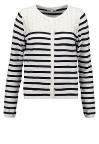 Pruhovaný kardigan v námořnicky modré a bílé barevné kombinaci, s texturovanou krajkovou horní částí, kulatým výstřihem a zapínáním na knoflíky.