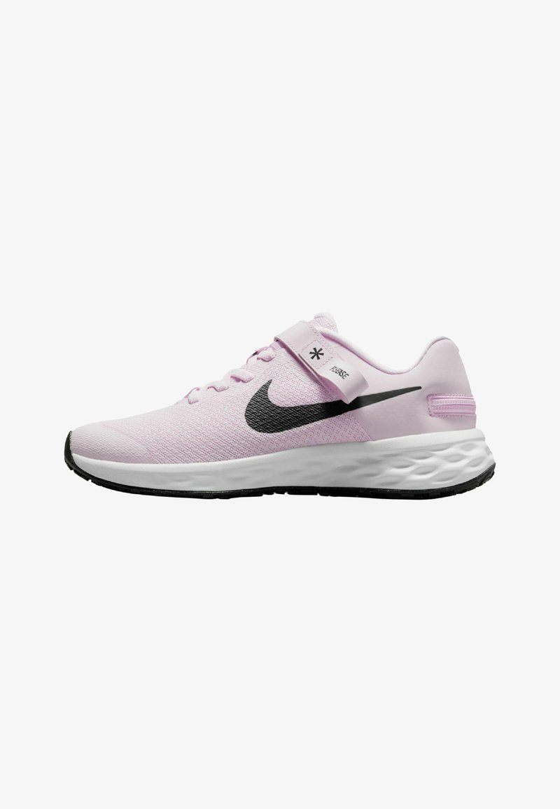 Gaiši rozā sporta kedas ar melno Nike simbolu, ar strukturētu auduma virsu, mīkstu apmalīti un balto starpsoļu daļu ar strukturētu dizainu.