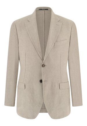 Blazer beige pour homme à simple boutonnage avec revers crantés, deux poches à rabat à l'avant, une poche poitrine et deux boutons.