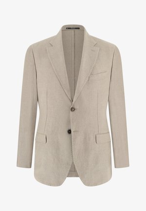 Blazer beige pour homme à simple boutonnage avec revers crantés, deux poches à rabat à l'avant, une poche poitrine et deux boutons.