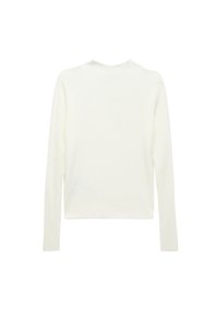 Prążkowana bluzka z długim rękawem w kolorze off-white, z okrągłym dekoltem i dopasowanym krojem, o miękkiej fakturze i prostym designie z tyłu.
