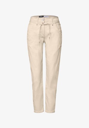 Beige Baumwollmischung-Hosen mit einem verstellbaren Bund, Vordertaschen und leichtem Textil. Verfügt über einen Knopfverschluss und eine schmal zulaufende Beinform.