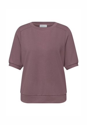 Sudadera de manga corta color malva con cuello redondo, puños enrollados y dobladillo ajustado, confeccionada en tejido de punto suave.