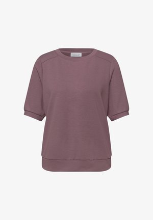 Sudadera de manga corta color malva con cuello redondo, puños enrollados y dobladillo ajustado, confeccionada en tejido de punto suave.