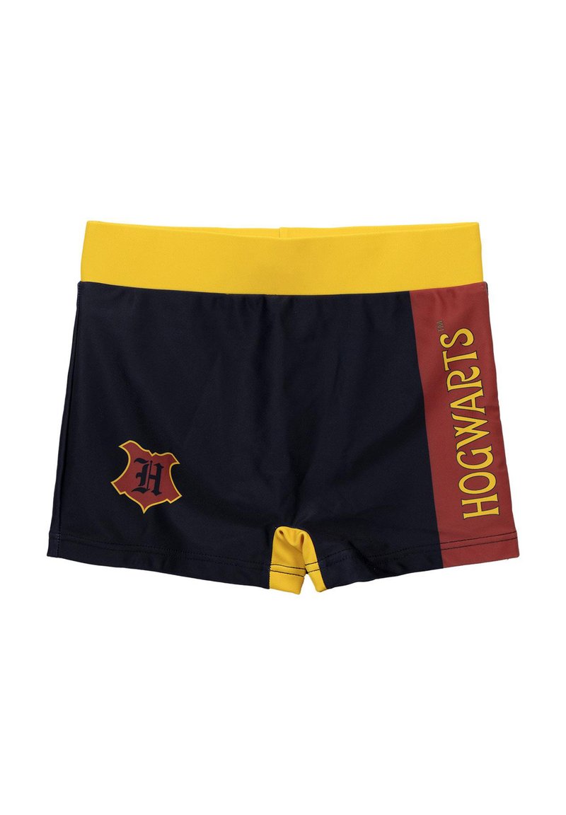 Marineblauwe en kastanjebruine zwembroek met een gele tailleband, met een schildlogo en de tekst "HOGWARTS" aan de zijkant gedrukt.