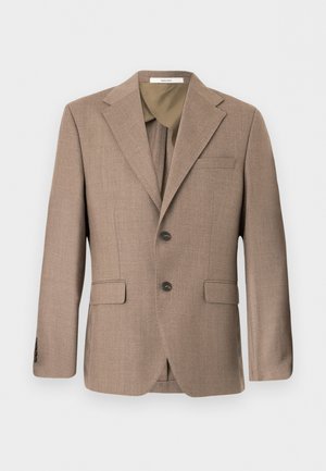 Brun singeltradet herreblazer med hakkeslag, to fremre klaffelommer, brystlomme med kant og to-knapps lukking.