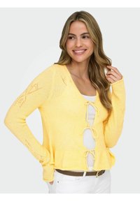 Yellow knitted cardigan with a V-neck, tie-front closure, and open weave pattern. Features long sleeves and a flared hem.