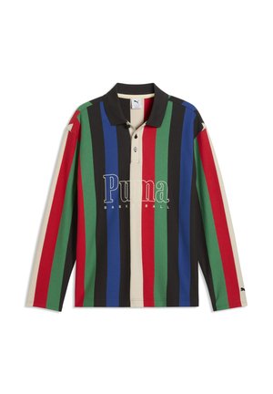 Langærmet polo med lodrette striber i rød, grøn, blå, sort og beige, sort krave og "Puma Basketball" logo på forsiden.