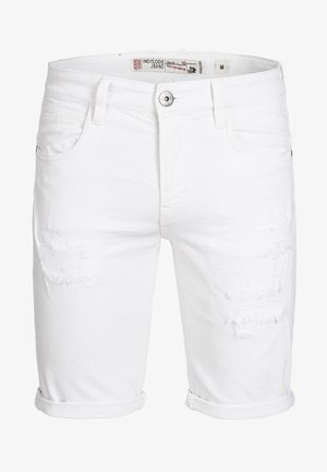 White denim shorts featuring distressed details and rolled cuffs. Includes front pockets and a metal button closure. Tag visible inside waistband.