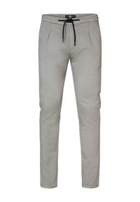 Lichtgrijze broek van zacht materiaal, met een tailleband met koord, geplooide voorkant en een tapered broekspijpenontwerp. Eenvoudige en veelzijdige stijl.