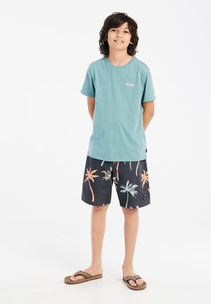 Maglietta a maniche corte color teal con un piccolo logo; pantaloni da bagno scuri con stampe colorate di palme; infradito marroni. Sfondo bianco semplice.