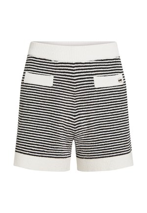 Shorts à rayures noires et blanches, dotés d'une ceinture côtelée et de deux poches arrière avec un petit détail logo. Texture douce.
