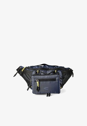 Sac banane bleu marine et noir avec plusieurs compartiments zippés, poches latérales en mesh et tirettes de fermeture éclair jaunes.