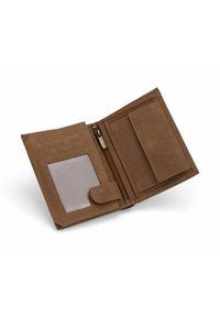 Brown leather wallet with a textured surface, featuring card slots, a zippered compartment, and a clear ID window. Opens to reveal interior layout.