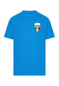 T-shirt in cotone blu con uno stemma recante la parola "AZZURRO" e un design tricolore in verde, bianco e rosso nella zona sinistra del petto.