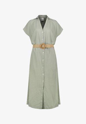Hellgrünes Midi-Hemdkleid mit kurzen Ärmeln, durchgeknöpfter Vorderseite, kragenförmigem Ausschnitt und einem beigen Gürtel mit runder Schnalle.