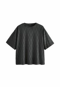 T-shirt nera a maniche corte con una texture a forma di diamante. Realizzata in tessuto leggero, presenta un collo rotondo e una vestibilità comoda.