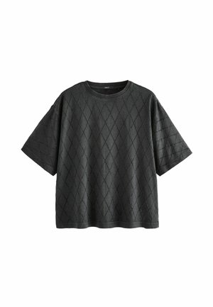 Sort kortærmet T-shirt med diamantmønster. Lavet af let stof, har en rund hals og en afslappet pasform.