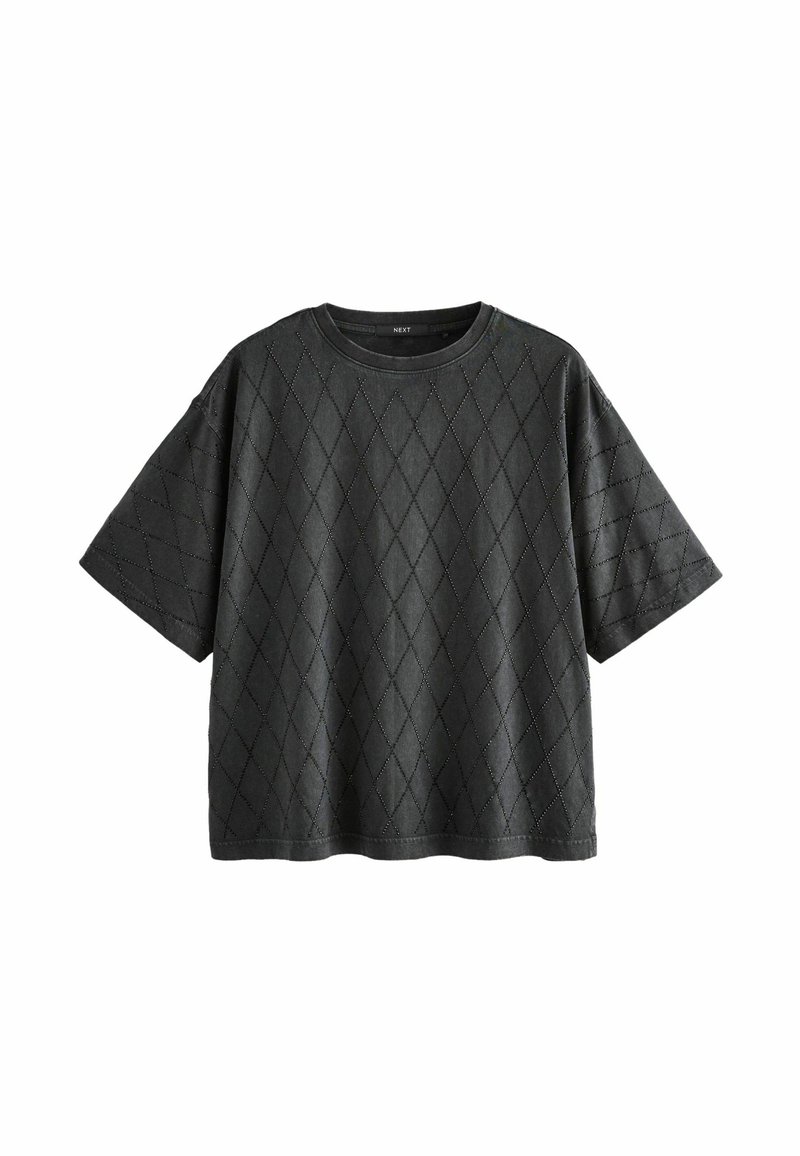 T-shirt nera a maniche corte con una texture a forma di diamante. Realizzata in tessuto leggero, presenta un collo rotondo e una vestibilità comoda.