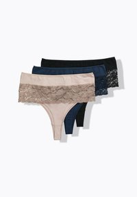 Tre paia di perizoma da donna: beige chiaro, blu navy e nero. Ognuno presenta un bordo in pizzo in vita. Tessuto morbido, vestibilità elasticizzata.