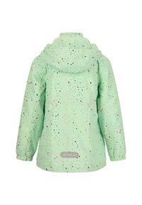 Mintgroene waterdichte jas met capuchon, elastische manchetten en een meerkleurig gespetterd patroon. Logo op de linkeronderkant.