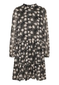 Robe noire à manches longues, ornée d'un motif de feuilles en beige. Conception de jupe à volants avec une texture plissée. Encolure ronde.