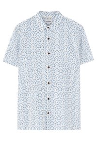 Kortærmet skjorte med knaplukning i et hvidt stof, der har et blåt mønster af prikker og linjer, med brune knapper ned langs forsiden.