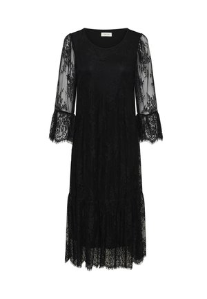 Robe noire avec des manches longues en dentelle transparente et des poignets en forme de cloche. Superposition en dentelle florale, col rond et détail d'ourlet en étages.
