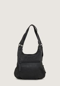 Zwarte hobo tas van faux leer, met een gestructureerd oppervlak, een ritsvak aan de voorkant en verstelbare dubbele banden.