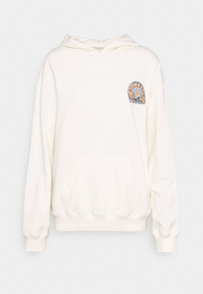 Sweat à capuche blanc avec poche avant et petit motif multicolore de soleil et montagne sur la poitrine gauche.