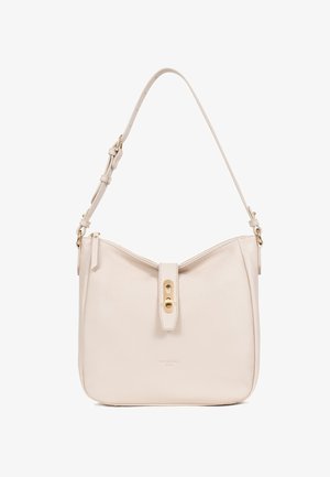 Béžová kožená kabelka přes rameno s nastavitelným popruhem, klopové zapínání s zlatým knoflíkem, hladká textura a plochý obdélníkový tvar.