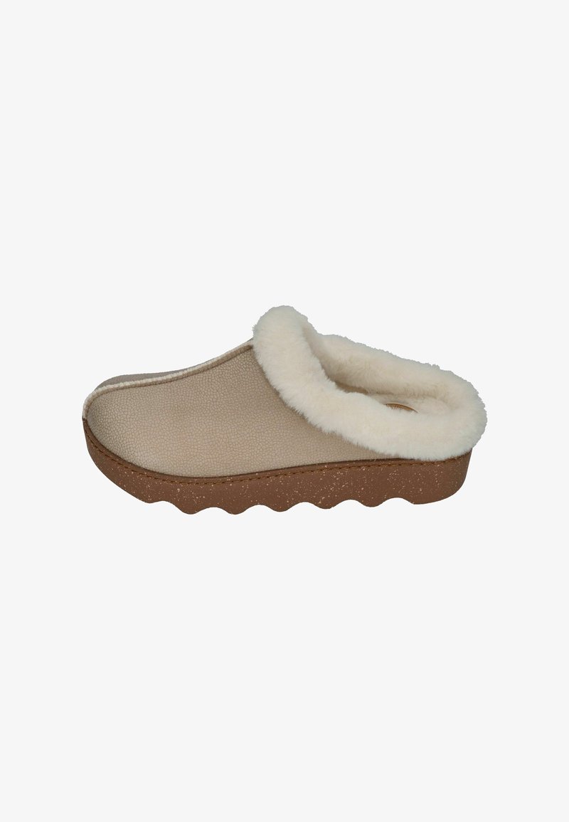 Beige slip-on slipper with a textured upper, fluffy white lining, and a brown speckled sole featuring a wavy design.
