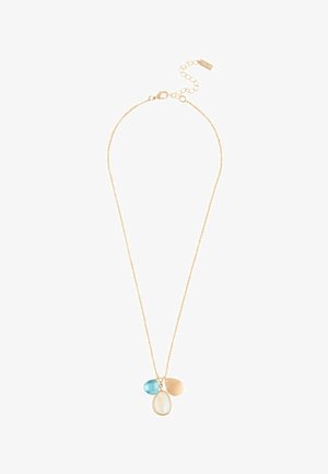 Gold chain necklace with three pendants: blue faceted gem, gold teardrop, and white mother-of-pearl teardrop in gold frame.