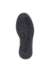 Svart gummisula med ett texturerat hexagonalt mönster, rundad tå och indragna spår för grepp.