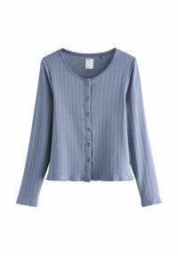 Lichtblauw geribd vest met een ronde halslijn, knoopsluiting aan de voorkant, lange mouwen en een geschulpte zoom. Labels geven merk en wasvoorschriften aan.