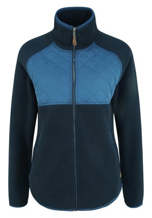 Fleece jakna v temno modri barvi z lahkotno modrim prešitim zgornjim delom. Ima visok ovratnik, zadrgo spredaj in stranske žepe. Gladka tekstura.
