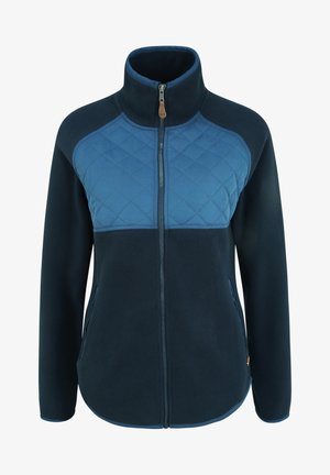 Fleece jacket in dark navy with a quilted light blue upper panel. Features a high collar, zip front, and side pockets. Smooth texture.