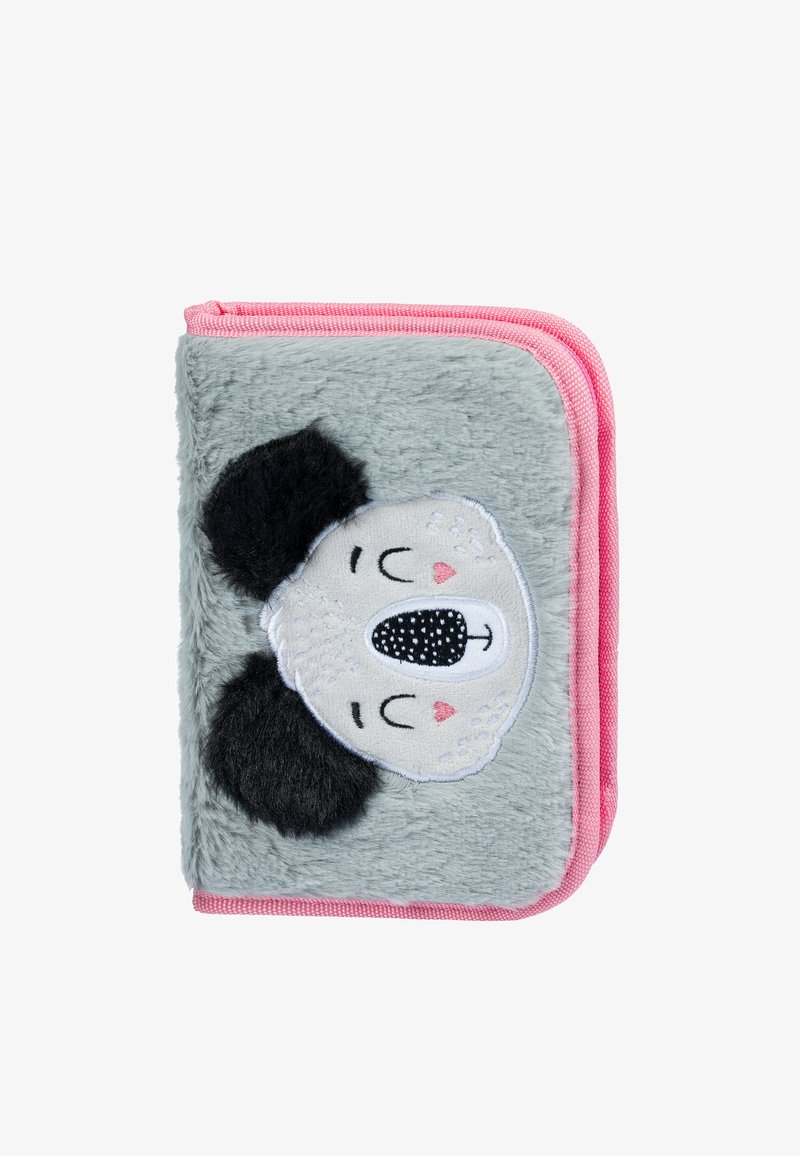 Gray plush wallet with pink zipper, featuring a koala face design with black ears, embroidered details, and soft texture.