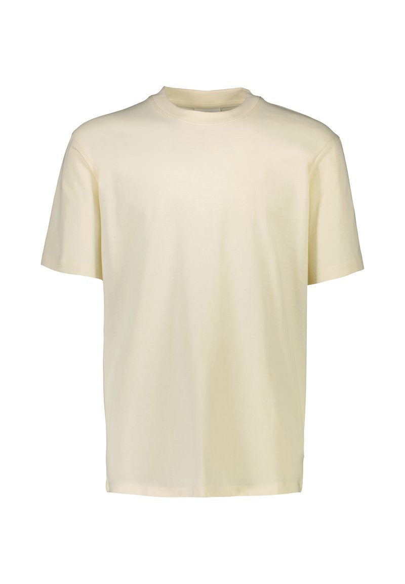 Koszulka z krótkim rękawem wykonana z jasnokremowej bawełny, z okrągłym dekoltem i luźnym, swobodnym krojem, bez widocznych wzorów czy dodatków.