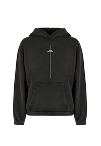 Sweatshirt à capuche noire avec une poche kangourou. Présente un texte imprimé en blanc "Je pense différemment" sur la poitrine. Tissu doux, coupe décontractée.