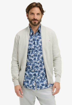 Homme avec barbe portant un pull zippé gris clair par-dessus une chemise bleue et blanche à motif de palmiers et un pantalon gris clair.