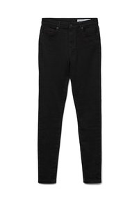 Jean skinny noir taille haute avec poches avant et arrière, fermeture par bouton et une étiquette de marque visible sur la ceinture intérieure.