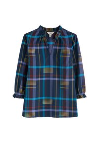 Bluza s dugim rukavima u tamnoplavoj boji s višebojnim kariranim uzorkom. Ima V-izrez, nabore na ramenima i volane na rukavima.