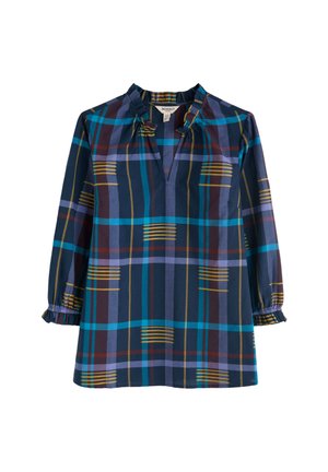 Blusa a maniche lunghe di colore blu navy con motivo a quadri multicolore. Presenta un collo a V, dettagli arricciati sulle spalle e polsini con volant.