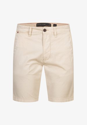 Pantalones cortos caqui hechos de una tela ligera, con cierre de botón, trabillas para el cinturón y una textura suave. Incluye detalles de costura sutil.