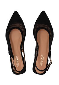 Black pointed-toe heels with mesh sides and suede upper. Features a slingback design with an ankle strap and a cushioned insole.