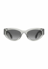 Kat-øje solbriller med en transparent grå ramme og mørke gradientlinser. Designet har glatte konturer og minimalt hardware-tilbehør.