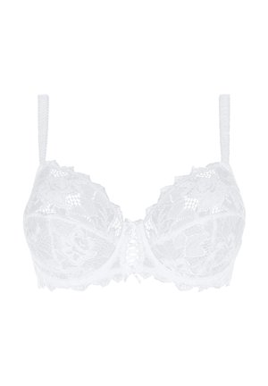 Soutien-gorge en dentelle blanche avec motifs floraux, bonnets à armatures, bretelles réglables et petit nœud décoratif au centre.
